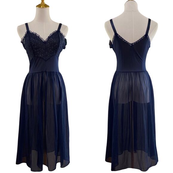 Vintage 50s Navy Lace & Nylon Chiffon Crystal Pleated Full Slip Dress Size S - Picture 1 of 9